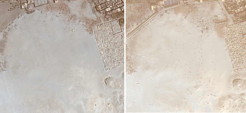 Satellite image of South Abusir, Egypt. The left image was obtained in 2009. The image on the right in 2011, and lootings are quite visible. Photo, courtesy Sarah Parcak.
